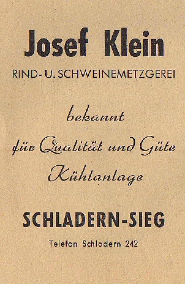 Werbeanzeige Metzgerei Klein, 1953