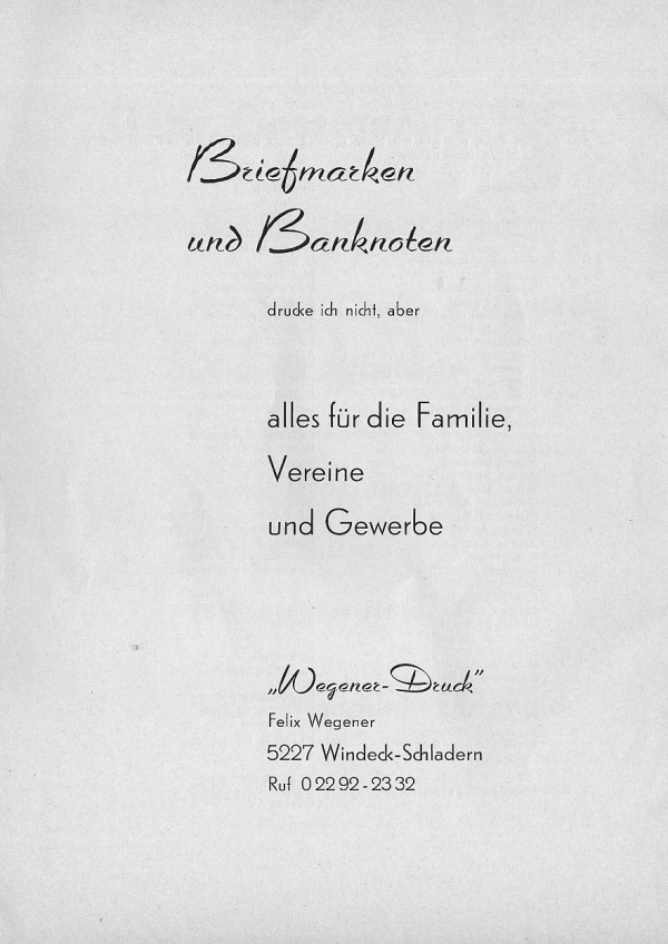 Werbeanzeige Druckerei Wegener, 1976