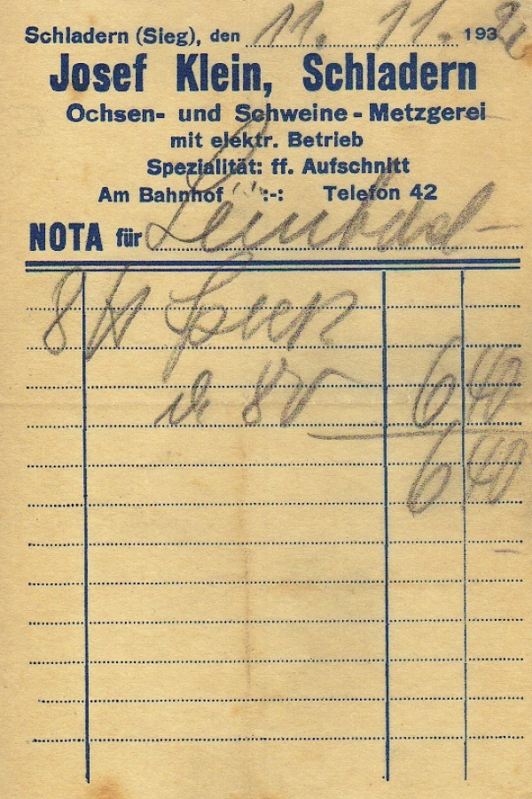 Rechnung Metzgerei Klein, 1932