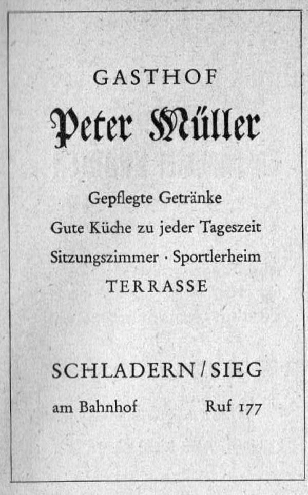 Werbeanzeige Gasthof Peter Müller 1950